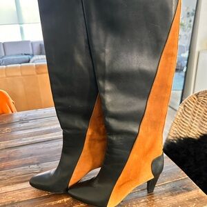 10 Crosby Derek Lam Black Leather and Rust Suede Heeled Boots